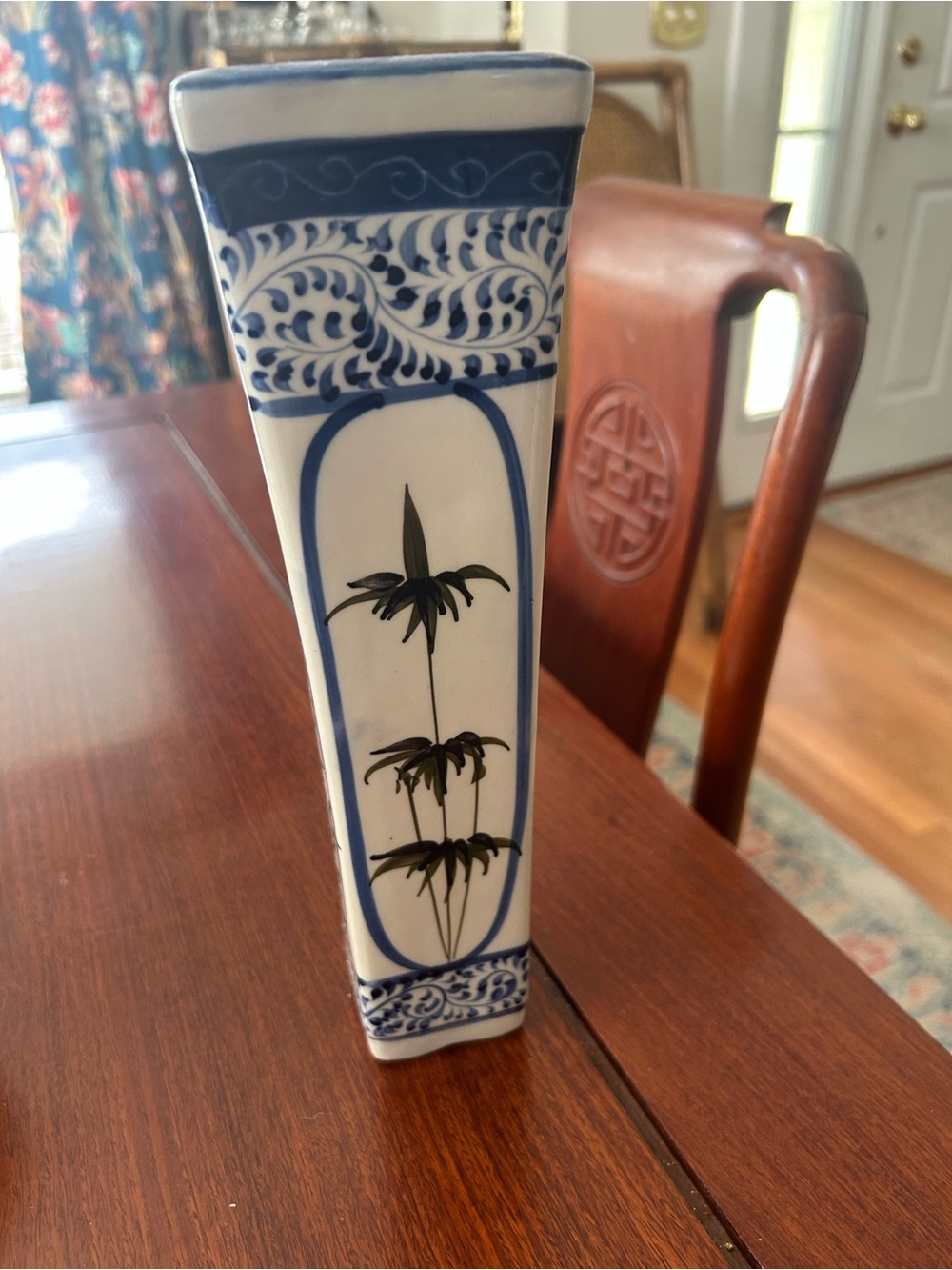 Hand Painted Vintage Asian White Blue Vase Bamboo Greenery